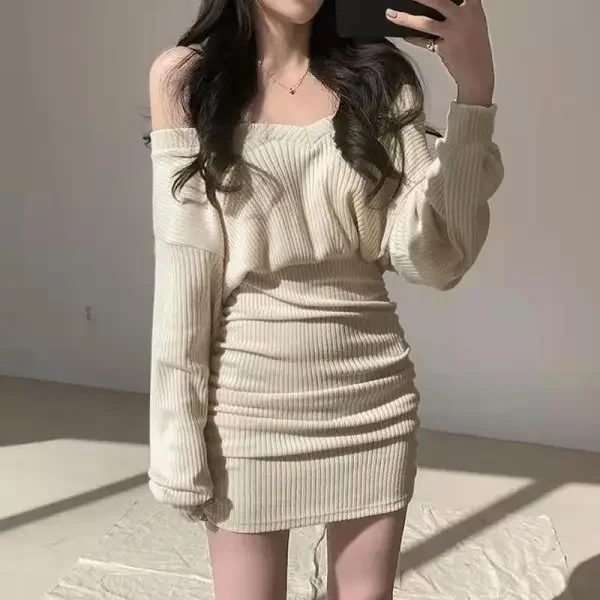 

Корейское мини-платье 2022, женский сексуальный свитер с v-образным вырезом, модные элегантные облегающие платья, плиссированный халат с длинными рукавами, вязаные платья