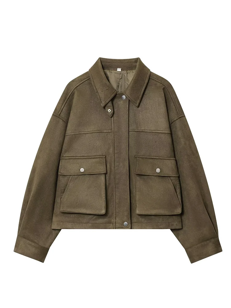 

European style new women's fashion versatile temperament simple solid color pilot lapel long sleeve jacket