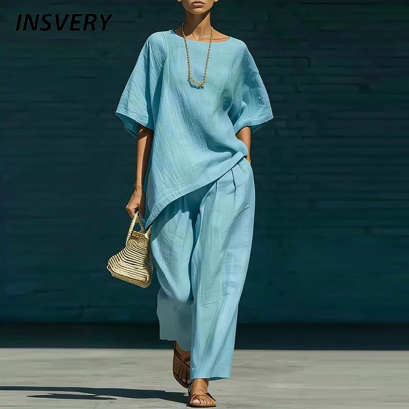 Sommer O-Ausschnitt Halbarm T-Shirt Hochgeschnittene Weite Hose mit Taschen Anzug Damen Lässiges Zweiteiler-Set Bequeme Homewear