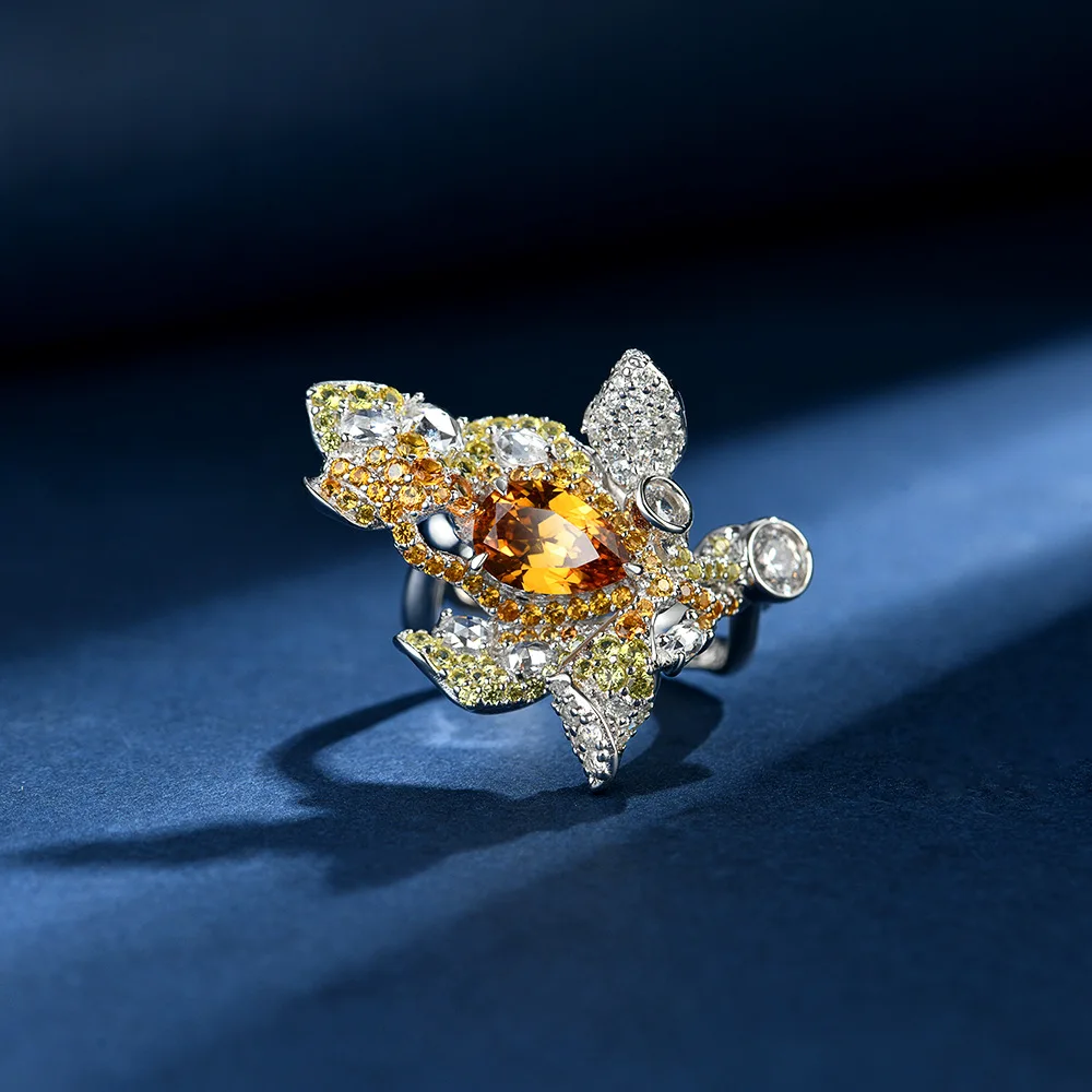 

202 new S925 silver 1. ct water droplet 6 * 9 light luxury niche yellow sapphire ring wedding jewelry