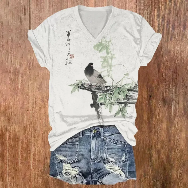 Fotografia 7: Camiseta vintage Morning Sun Chickadee View com estampa de manga curta e decote em V, camisetas femininas de verão
