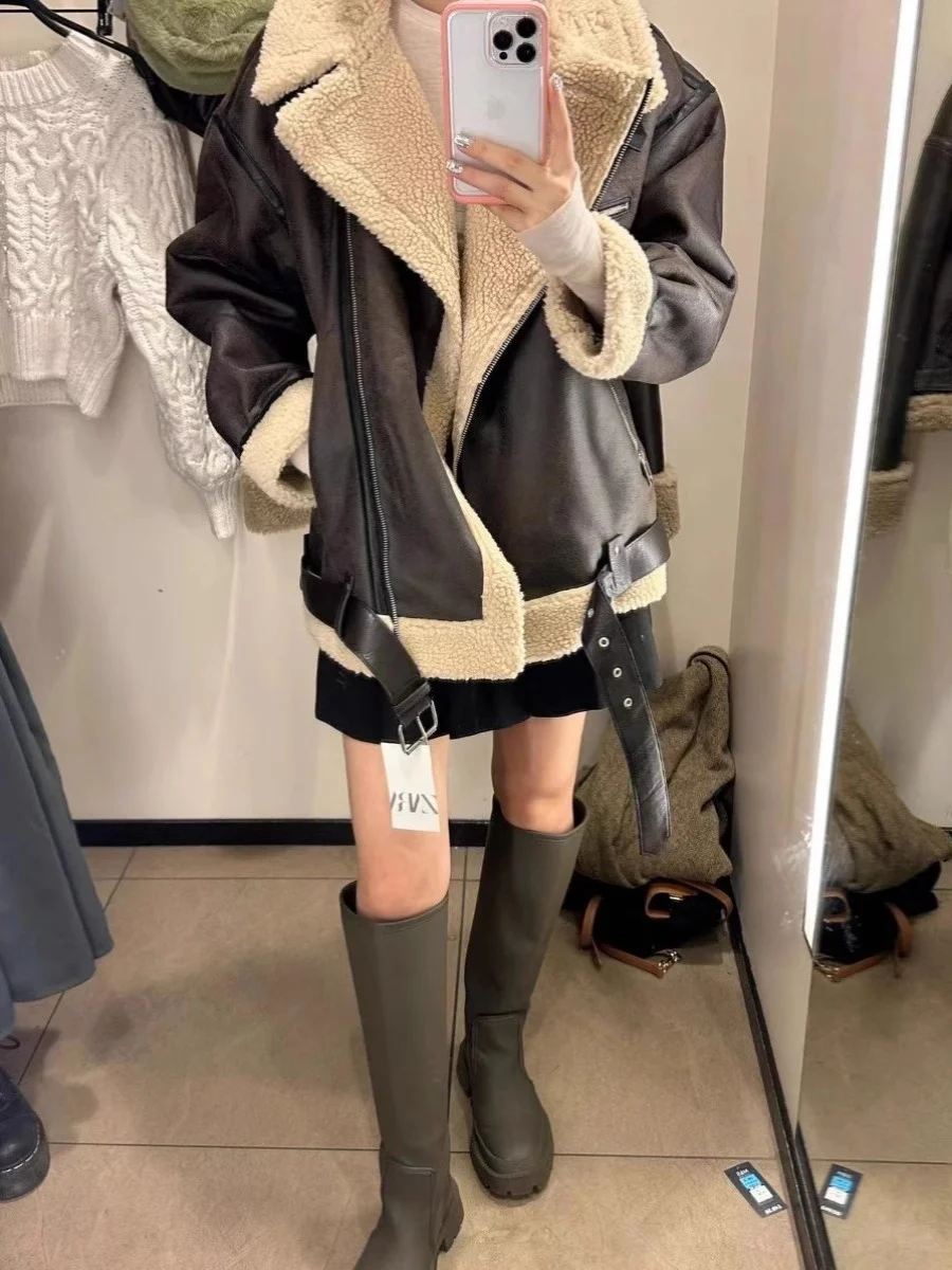 

Double-Sided Motorcycle Jaet Thiened Leather Fur Inteated New Autumn Winter Women's Faion Outerwear ort Coat
