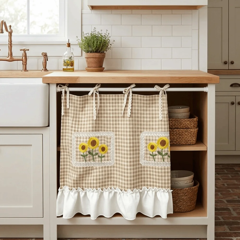 Gingham Plaid Oven Cover Curtain with Ties with Storage Pockets Coffee Machine Half Curtain Ruffled Trim Decorative