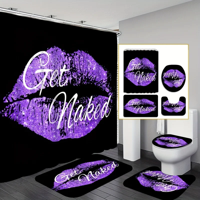 4PCs sexy lips clown shower curtain, waterproof shower curtain with 12 hooks, bathroom rug, toilet U-shape mat, toilet lid cov
