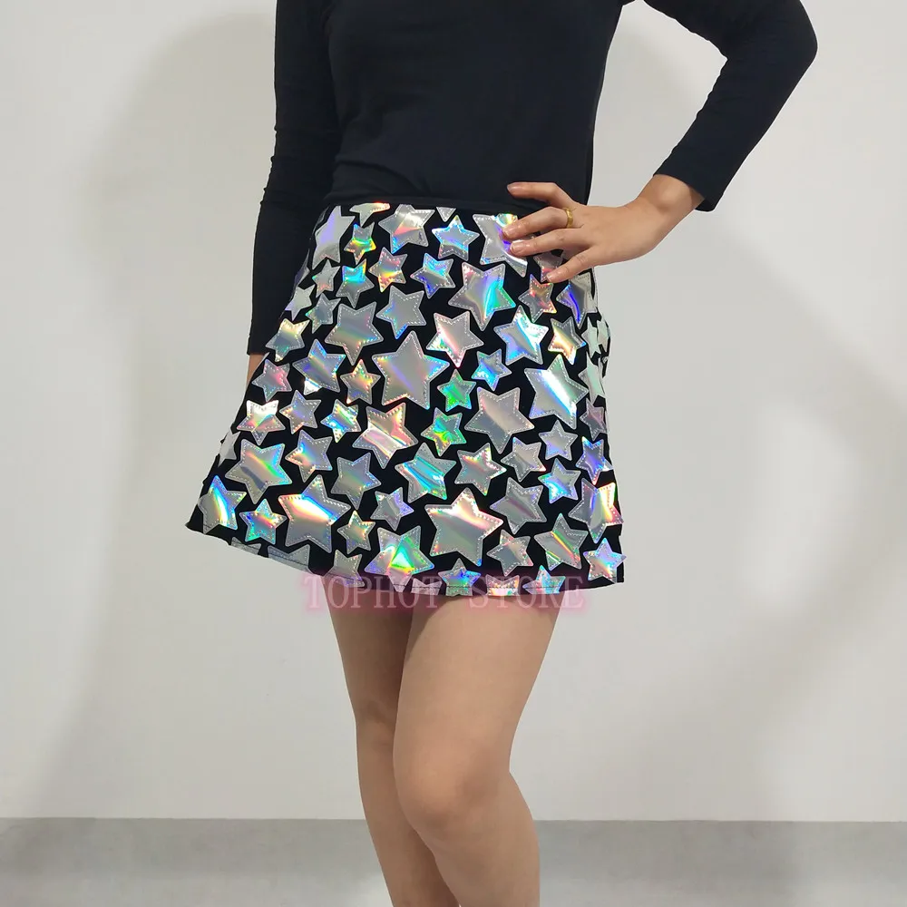 

Women Team Star Laser Mirror Short Skirt Dance Costume Nightclub Club Party Disco Sequins Mini Skirts DJ Performance Stage Wear
