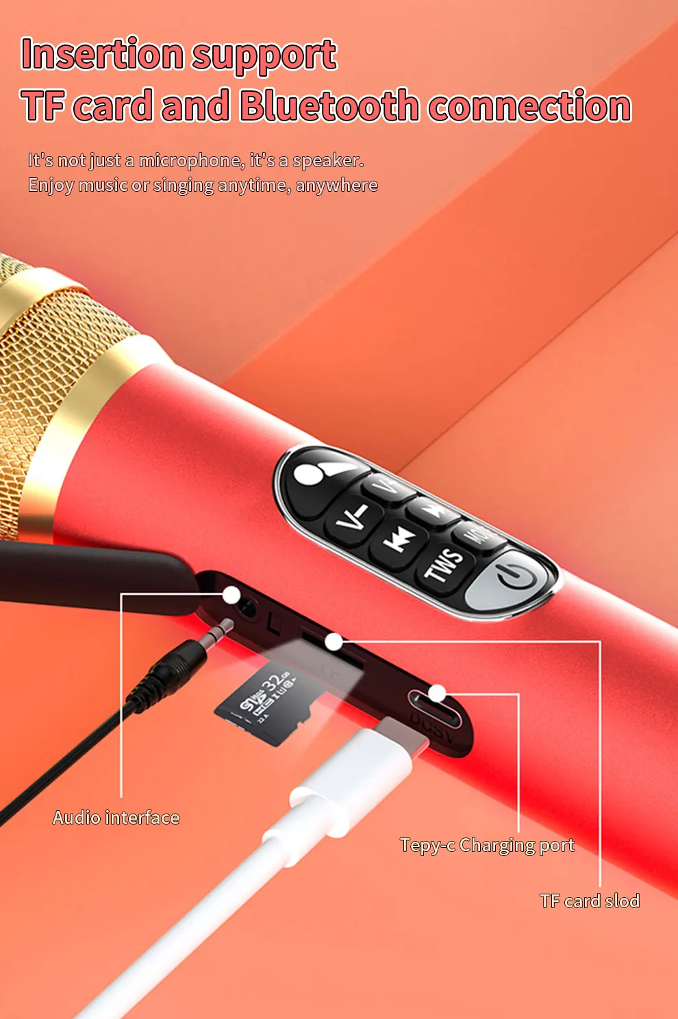 1 Stück 40 W tragbares Bluetooth-Lautsprechermikrofon 6400 mAh TWS Typ C Schnellladung Leistungsstarkes kabelloses Karaoke-Mikrofon für Party und Reisen – Detail 7