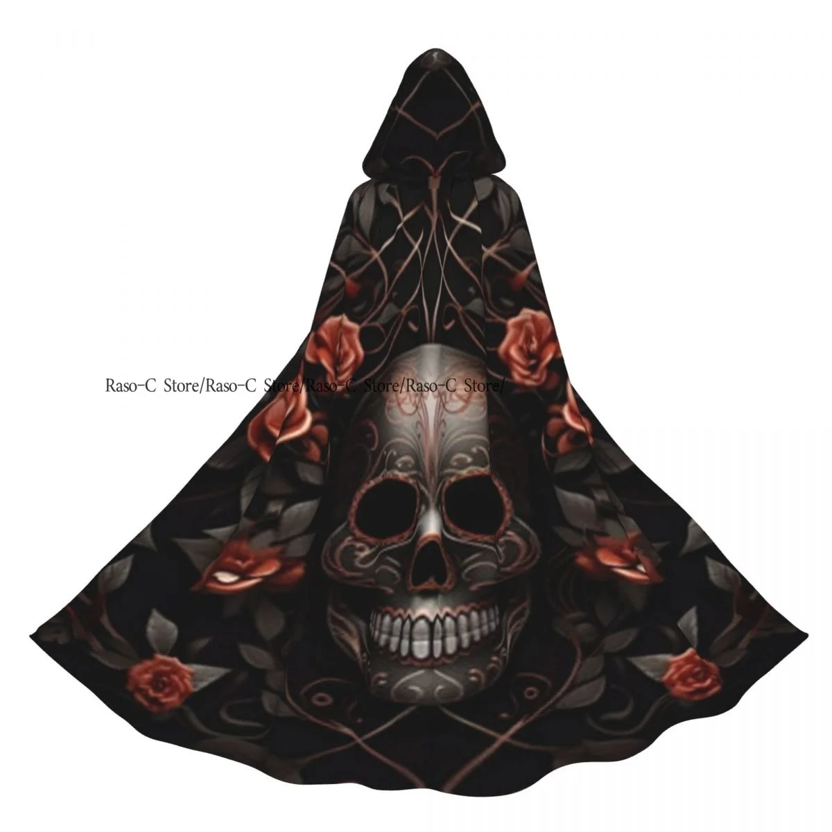 

Skull With Roses And Floral-ornament Hooded Cloak Polyester Unisex Witch Cape Costume Accessory