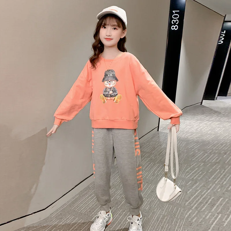 

Spring Autumn Girls Cotton Cartoon Workout Sweatshirt+Sweatpant Contrast Set School Kids Tracksuit Child Jogger Outfit 3-14Years