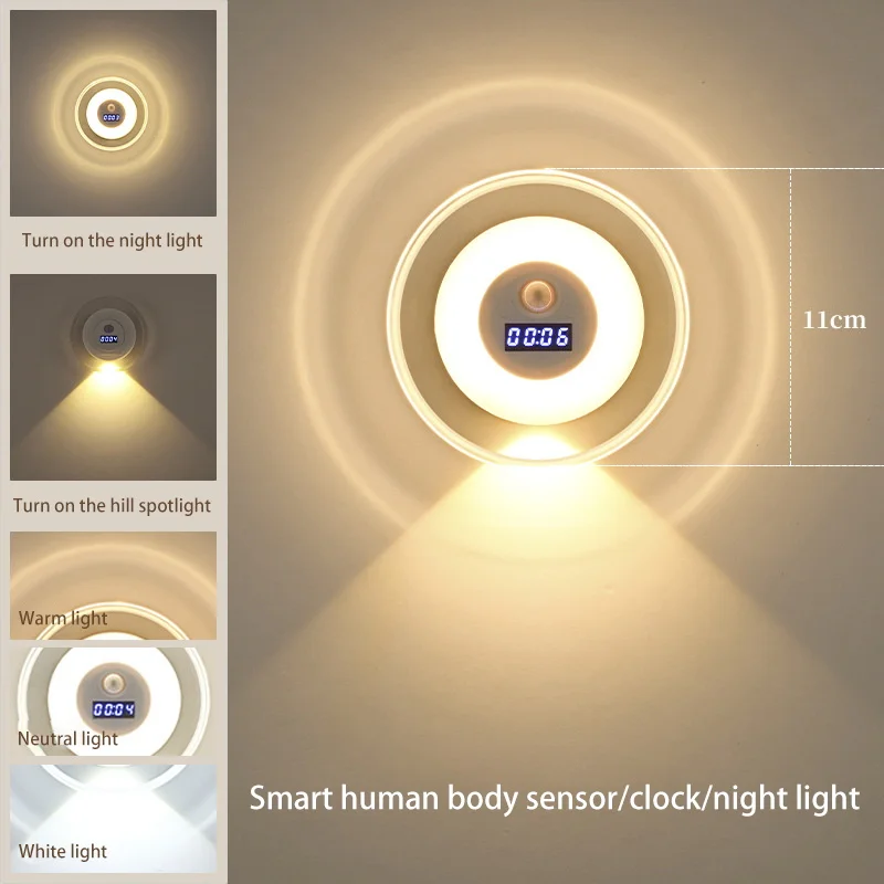 LED Motion Sensor Night Lights LED USB Rechargeable Lamp with Digital Clock for Bedroom Kitchen Stair Decoration Lighting