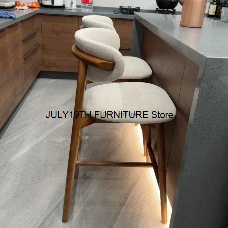 Nordic Light Luxury Solid Wood Bar Chairs Modern Home Kitchen High Bar Stools Designer Fabric Backrest Stools for Bar Furniture