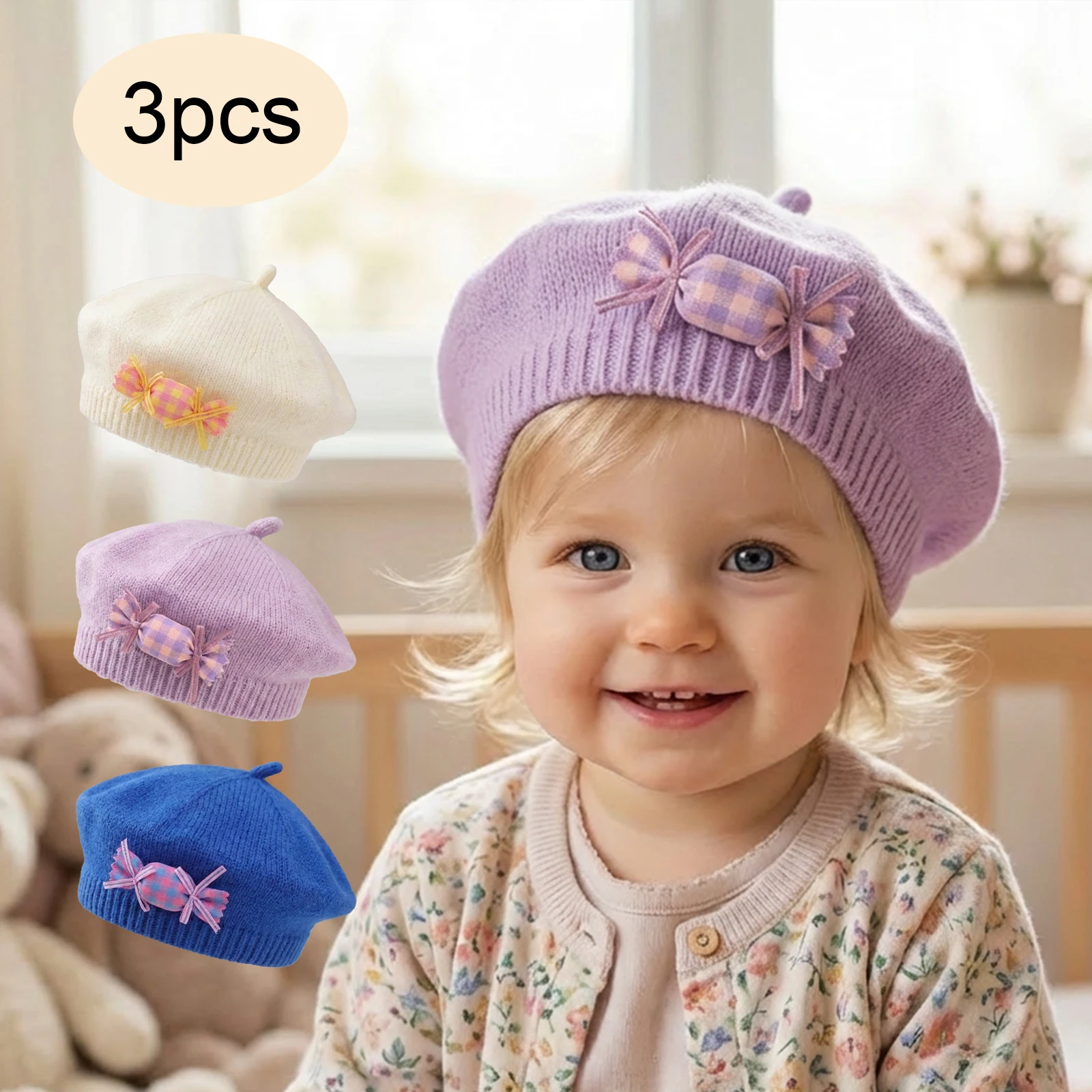 

Candy Baby Beret Winter Warm Knitted Yarn Hat Baby Girls Korean Style Toddler Princess Artist Solid Color Painter Hat