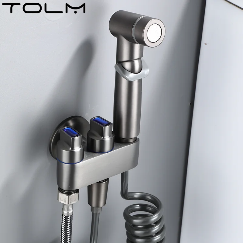 TOLM Hand Protable Toilet Bdet Sprayer Gun Push Button Handheld Faucet Home Bathroom Shower Head Hose Shower Head Self-Cleaning