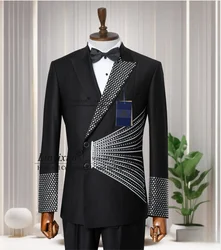 Double Breasted Men Suits Stunning Crystal Diamond Wedding Groom Tuxedo 2 Pieces Sets Male Prom Blazers Slim Party Costume Homme