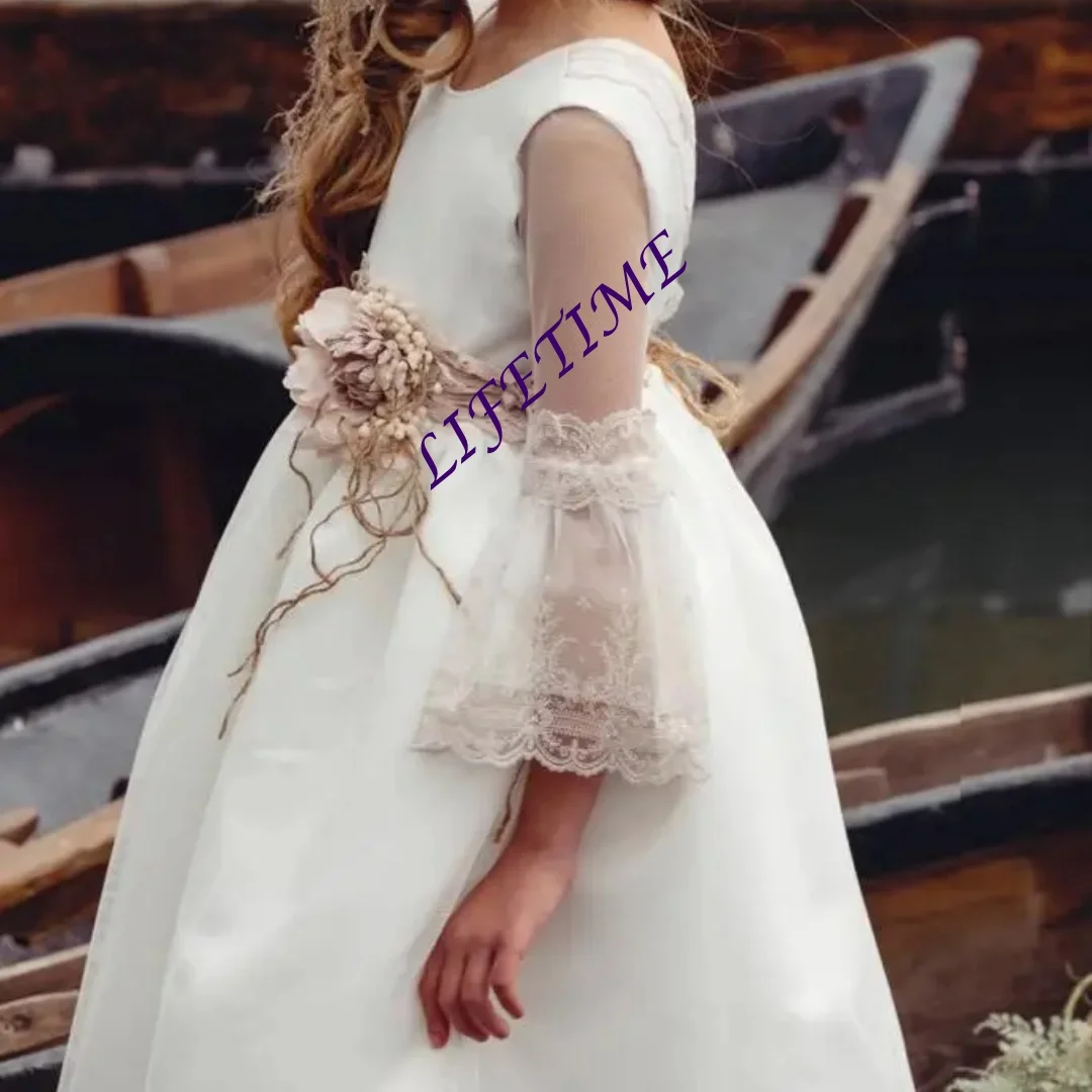 Vestidos de Primera Comunión Personalizables para Niñas, Vestido de Niña de las Flores con Cuello Cuadrado, Lazo de Encaje y Moño, Vestidos de Corte en A