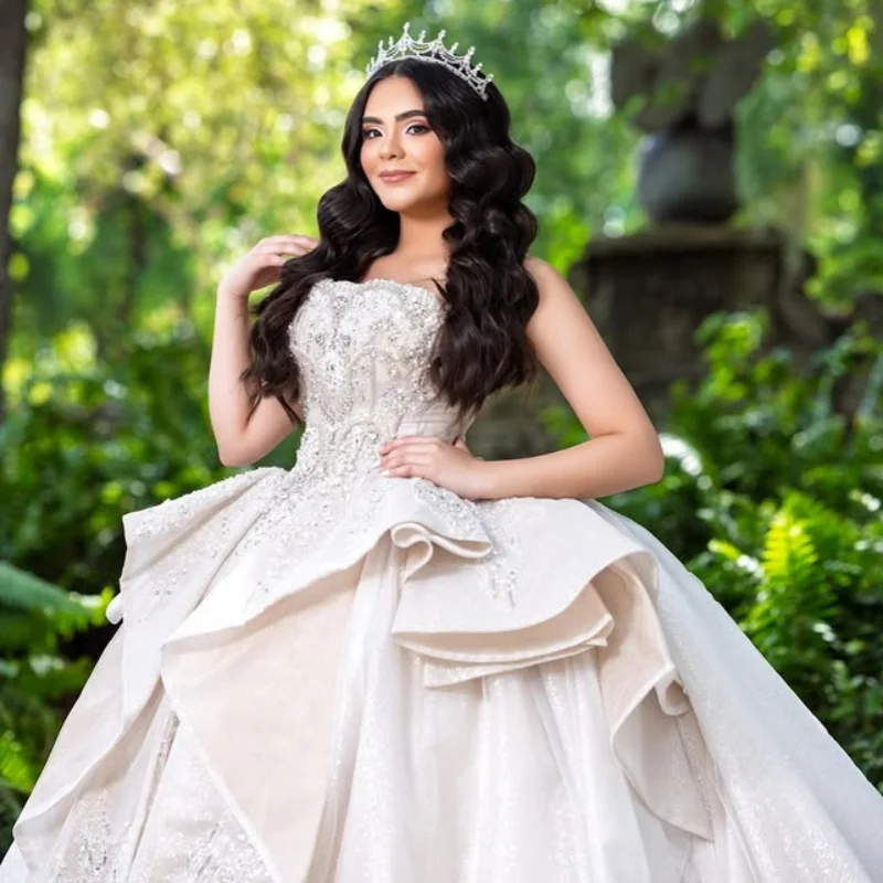 

Customized Shiny ivory white Quinceanera Dresses Off the Shoulder crystal applique Long tail Bow Vestido 15 Quinceanera