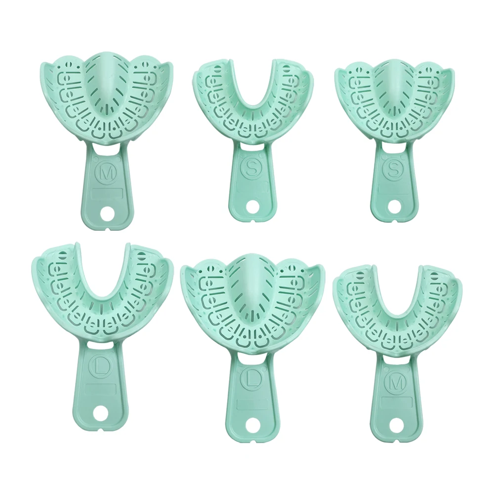 6pcs Dental Implant Tray Green Full Mouth Removable Partial Mold Tray Disposable Impression Tray Easy Fit children S/M/L