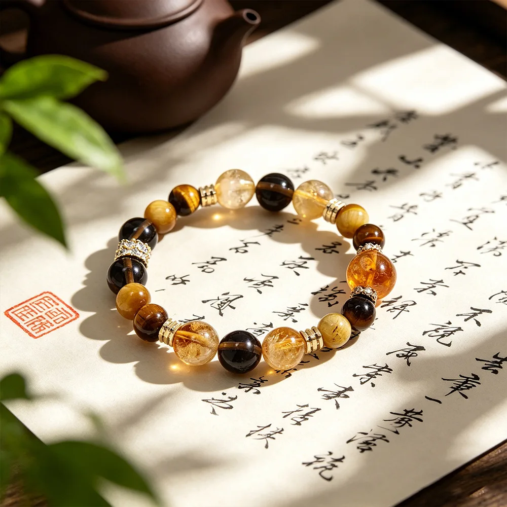 Fortune Career Crystal Multi Gemstone Bracelet Yellow Citrine Golden Rutilated Quartz Tiger Eye Obsidian Lucky Charm Gifts