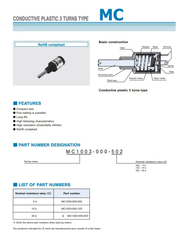 MC1003-000-502 nidec COAPL 5K potentiometers MC1003 5K