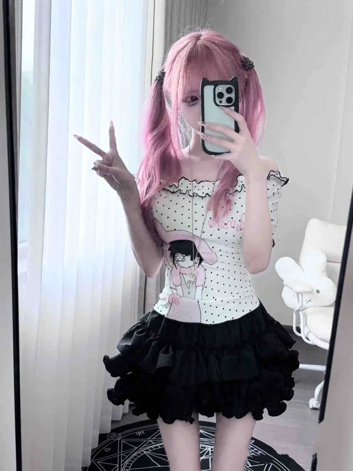 Japanisches Sommer Polka Dot T-Shirt für Damen, Schrägkragen, Cartoon-Druck, Kawaii, Niedliche Oberteile, Y2K Ästhetik, Fairy Grunge, Gerüschte T-Shirts