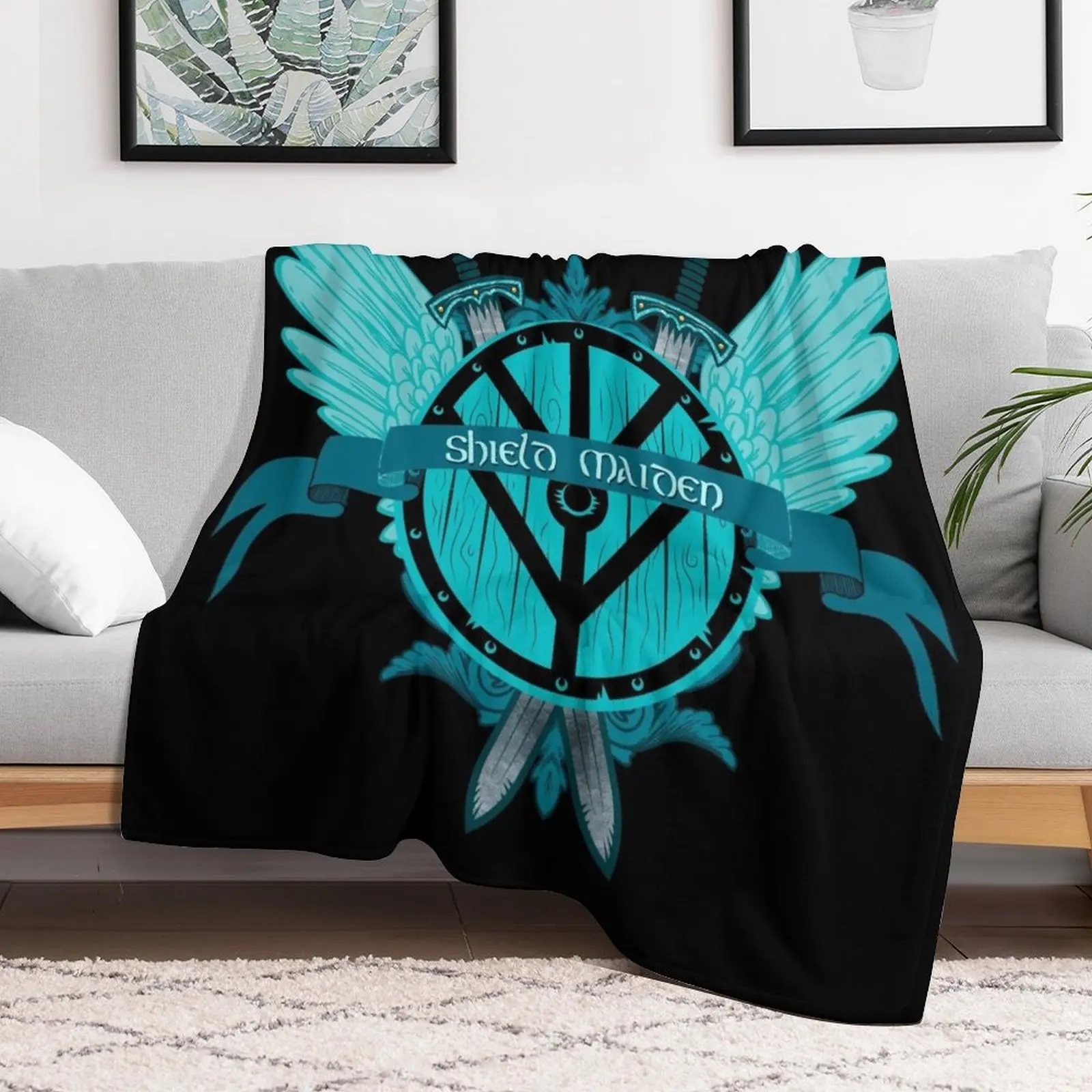 Shield Maiden Badass Warrior Woman Winged Teal Viking Shield Throw Blanket Decorative Sofas Sleeping Bag Blankets