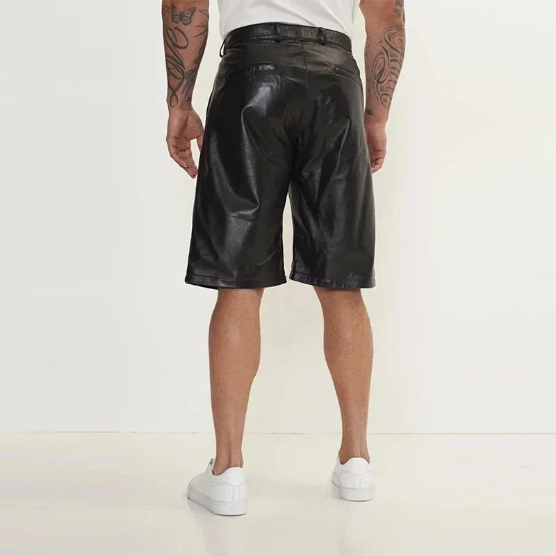 Black Matte Faux Leather Men Loose Straight Shorts Male Mid Waist Quarter Hot PU Short Pants New Casual Entertainment Custom