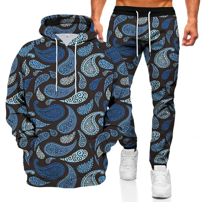 Men\'s Hoodies Sweatshirts Pants Suits 3D Geometric Printed Hoodie Sports Suit Fashion Tracksuits Outfits Mens Clothing 2Pcs Sets