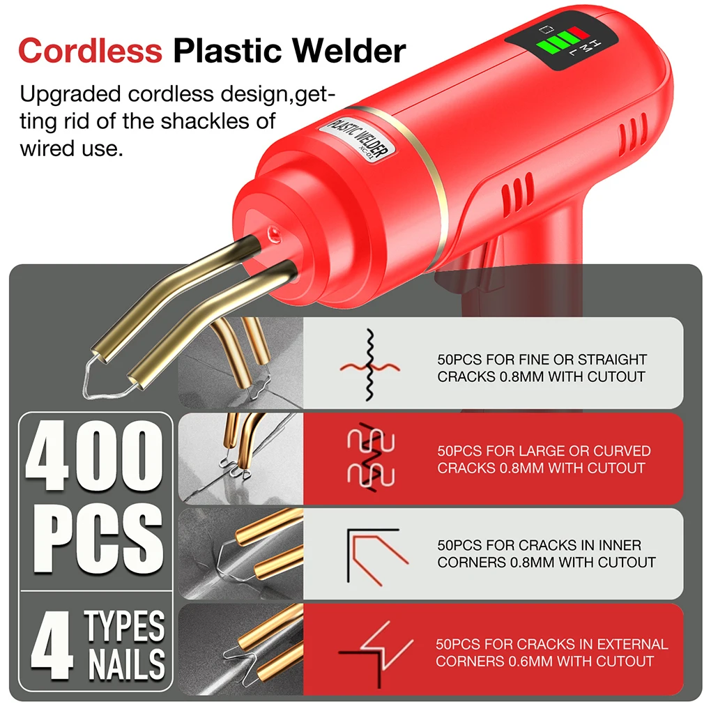 200W Cordless Plastic Welder Gun Plastic Welding Kit 400PCS Hot Stapler USB Rechargeable Bumper Repair Tools Kit Accessories