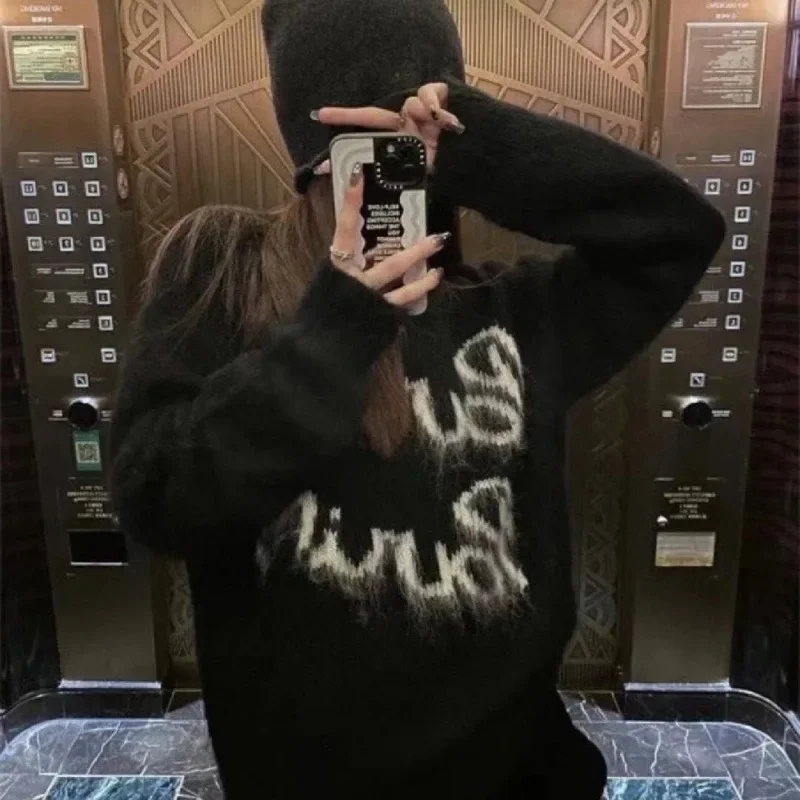 2025 Winter Women Monogram Jacquard Knitted Crew Neck Sweater with Graffiti Pullovers Long Sleeves Jumpers Autumn Woman Clothing