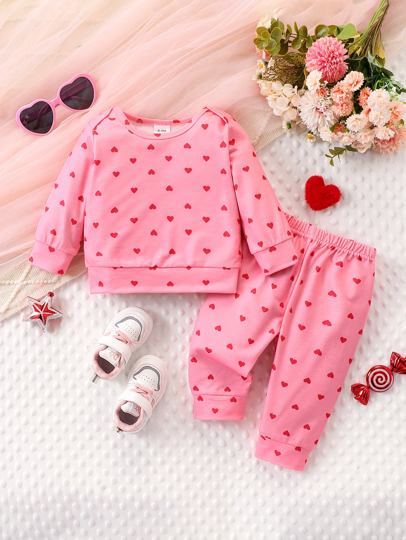 Children's Pink Heart Print Long Sleeve Home Clothes Set Sweet Cute Style Top + Pants Full Print Heart Pattern