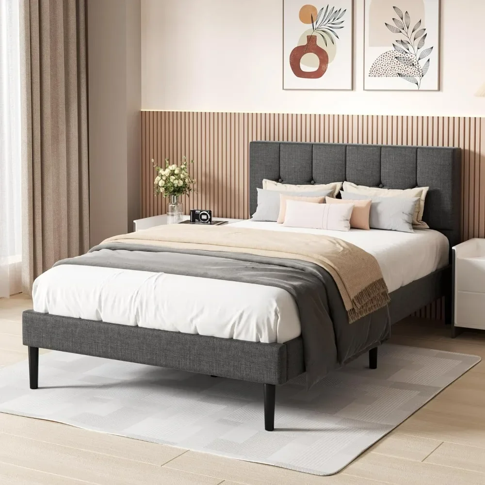 Marco con botón para cabecero de cama, plataforma tapizada en tela, base de colchón de madera