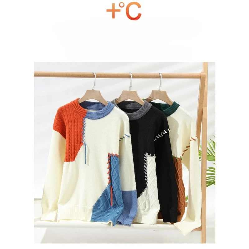 Couples sweaters High Appearance Level Autumn Winter Sweater for Teenagers Thick Warm Patchwork Crewneck Loose Sweater Pullovers