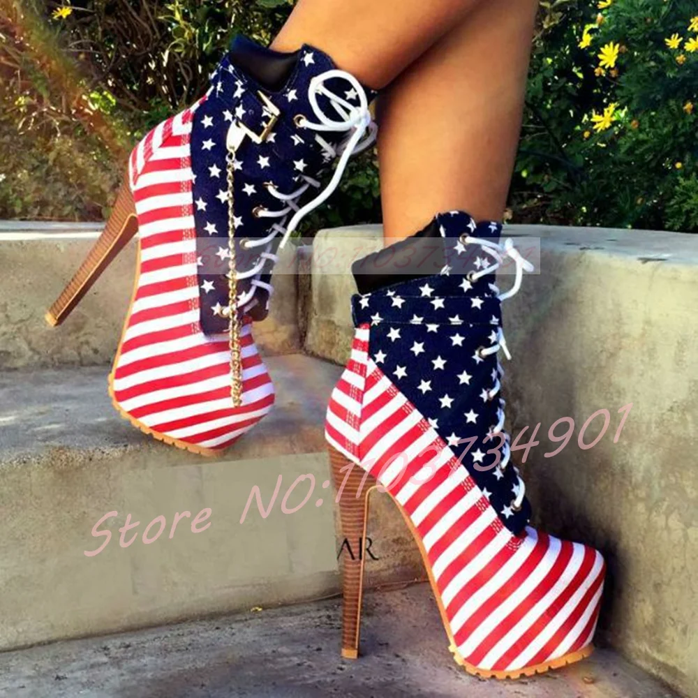 Women's Patriotic Flag Moto Boots Stiletto Platform Lace Up Buckle Strap Ankle Boots Red Stripe Festival Party High Heels Shoes