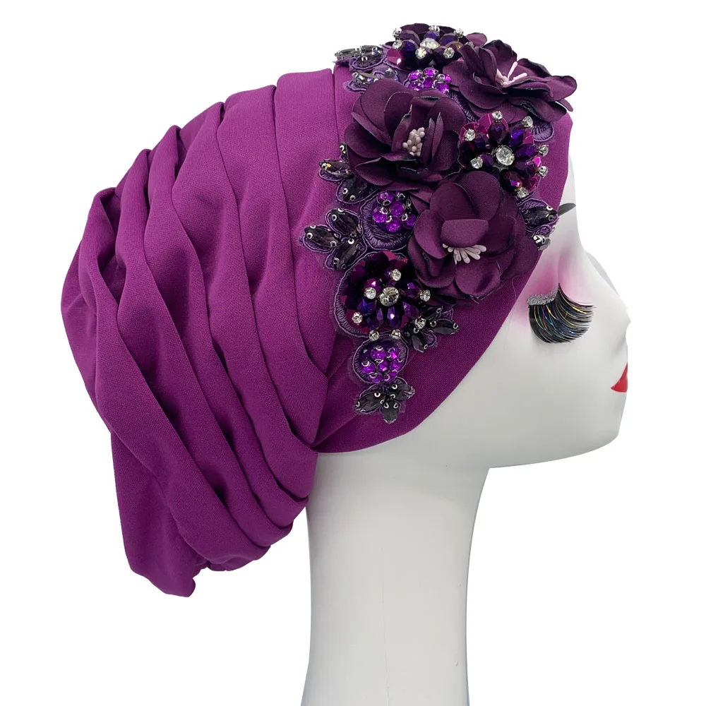 Elegant Flower Diamonds Women\'s Turban Cap African Party Headwear Lady Head Wrap Bonnet Muslim Hijab Hat turbante mujer