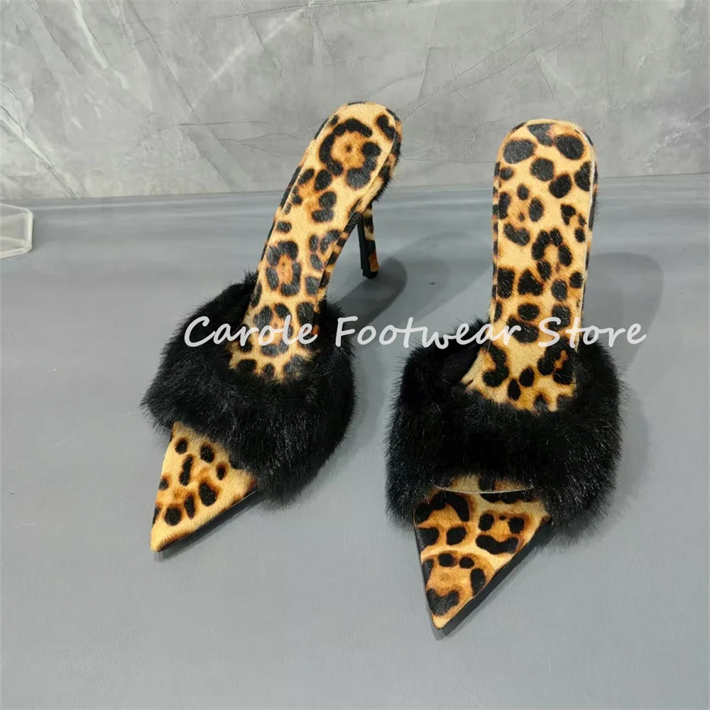 

New Fashion Plush Splicing Leather Women Mules Leopard Print Pointed Toe High Heel Pumps Ladies Catwalk Party Dress Slippers
