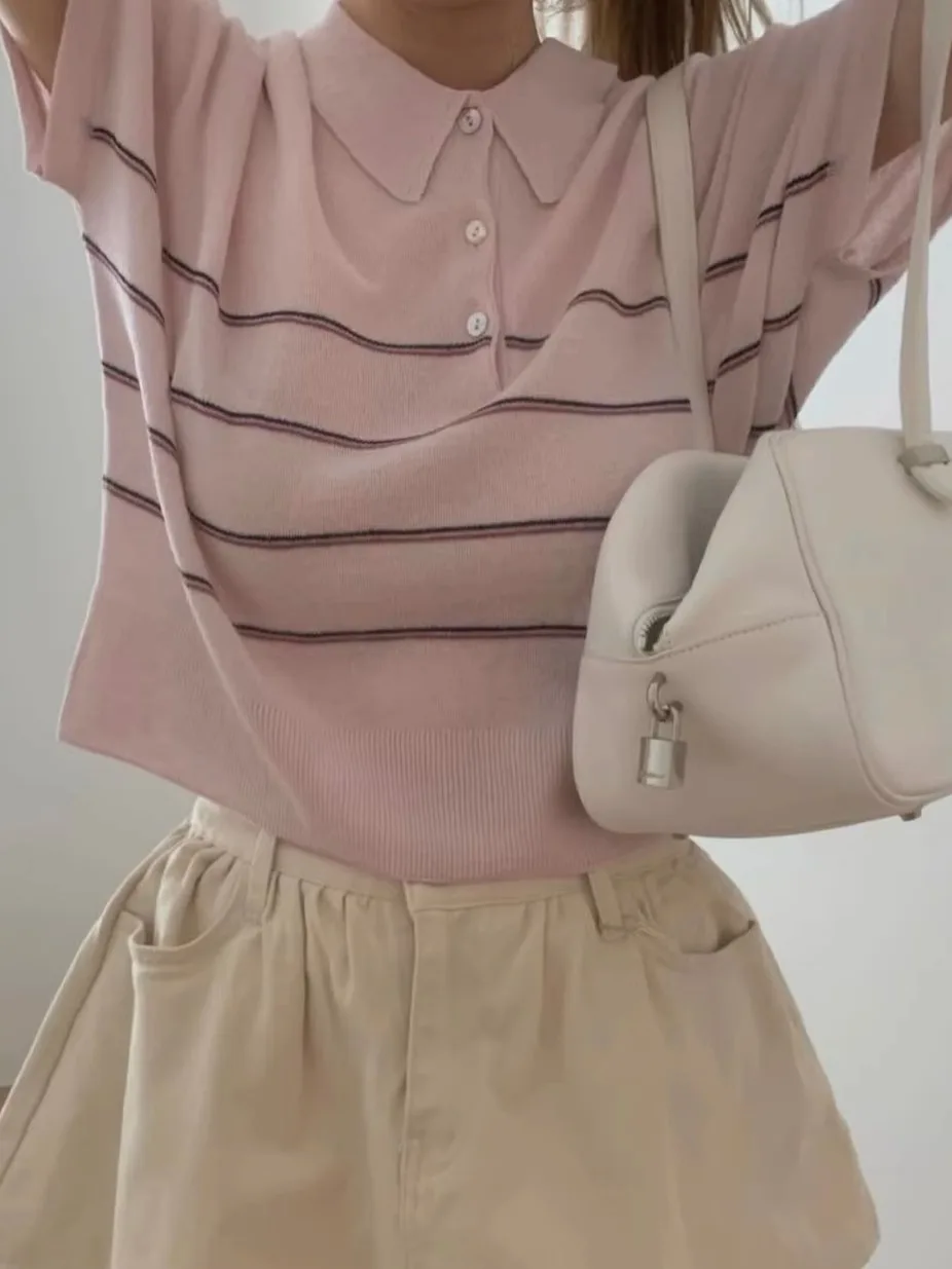 

Summer Thin Loose Women's Ne Knitted ort Sve Striped Top Casual Versatile College Sle Lightweight Breathable T-...