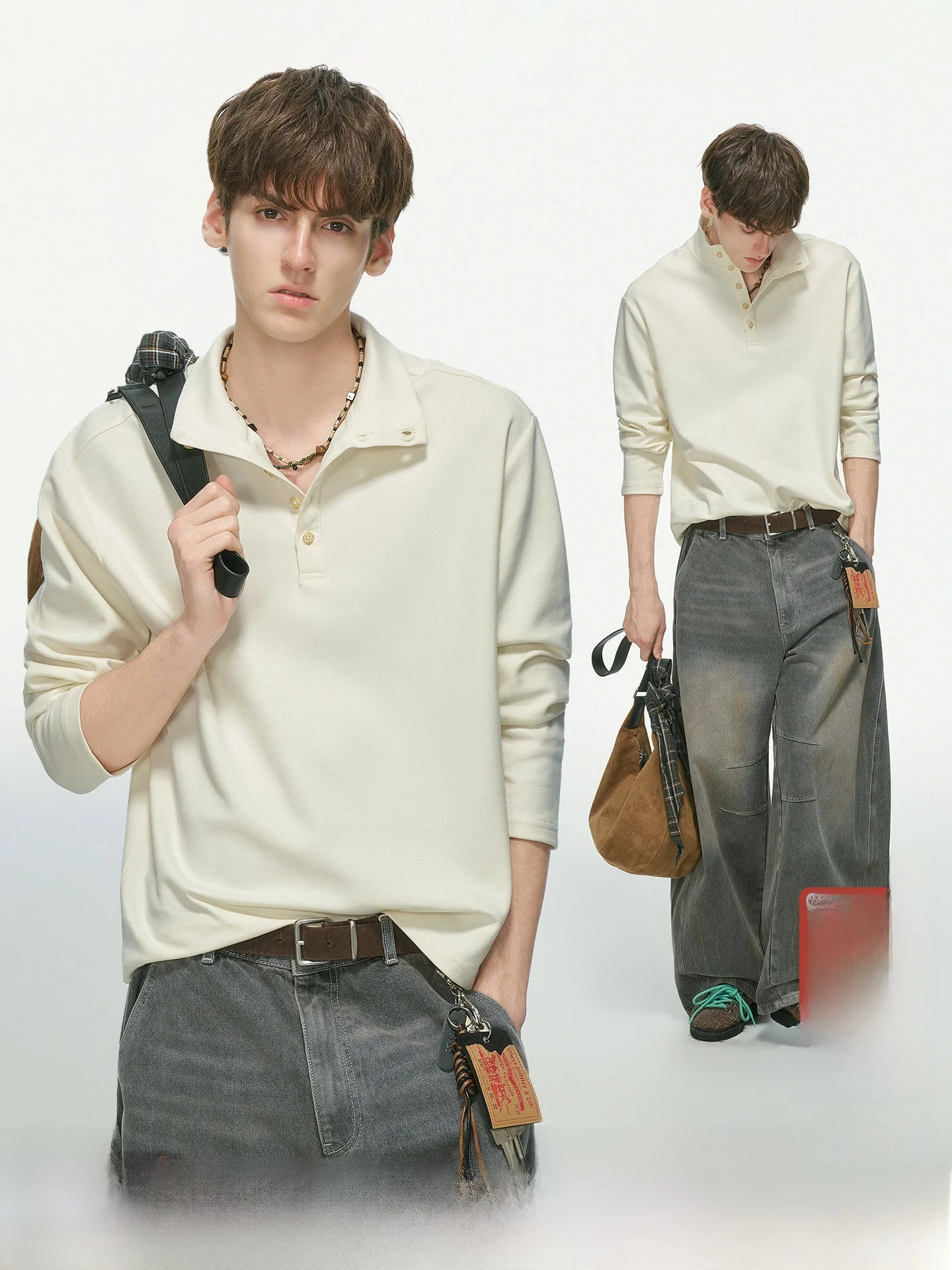 Dream Made Long Sleeve Men's T-shirt Button up Casual Commute Style Inner Wear Base Shirt Multi-Form Fit Cotton Blend