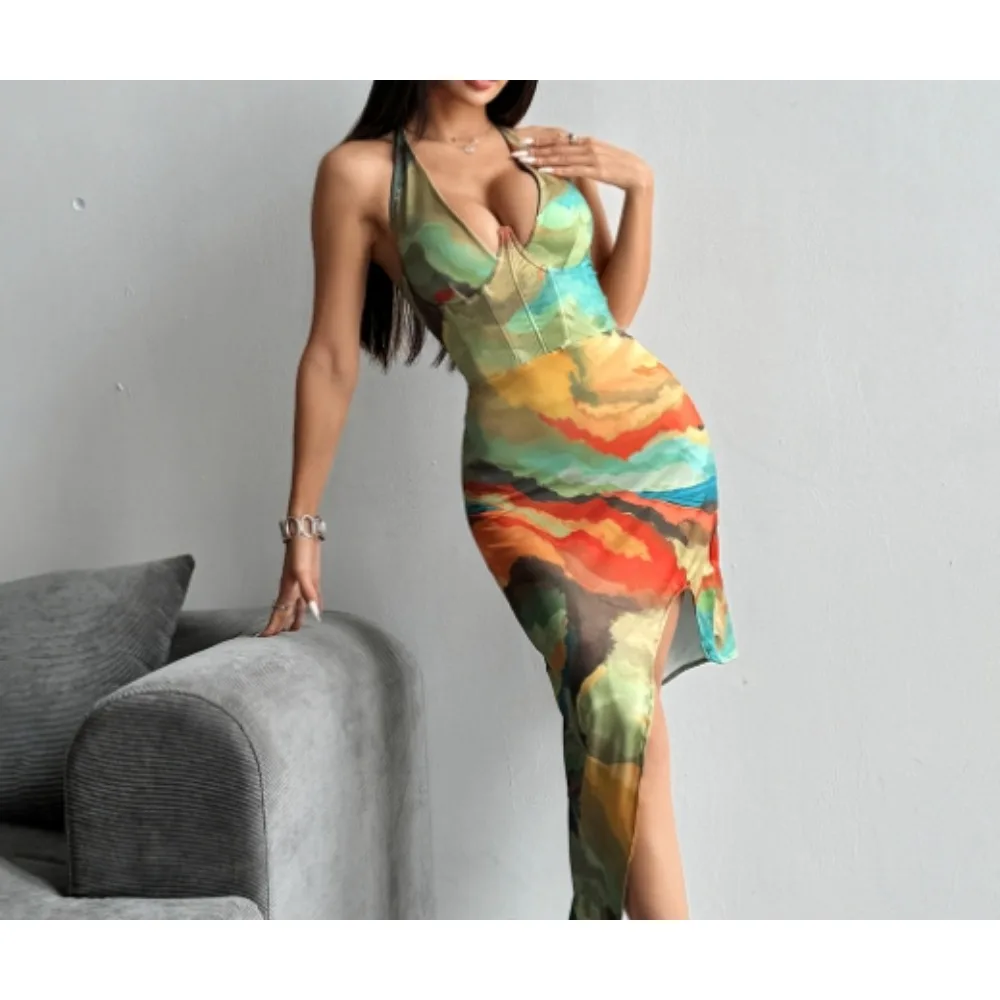 Hotsweet elegante sem mangas sexy halter bandagem com decote em v impressão chique split assimétrico vestidos finos noite roupas de rua alta