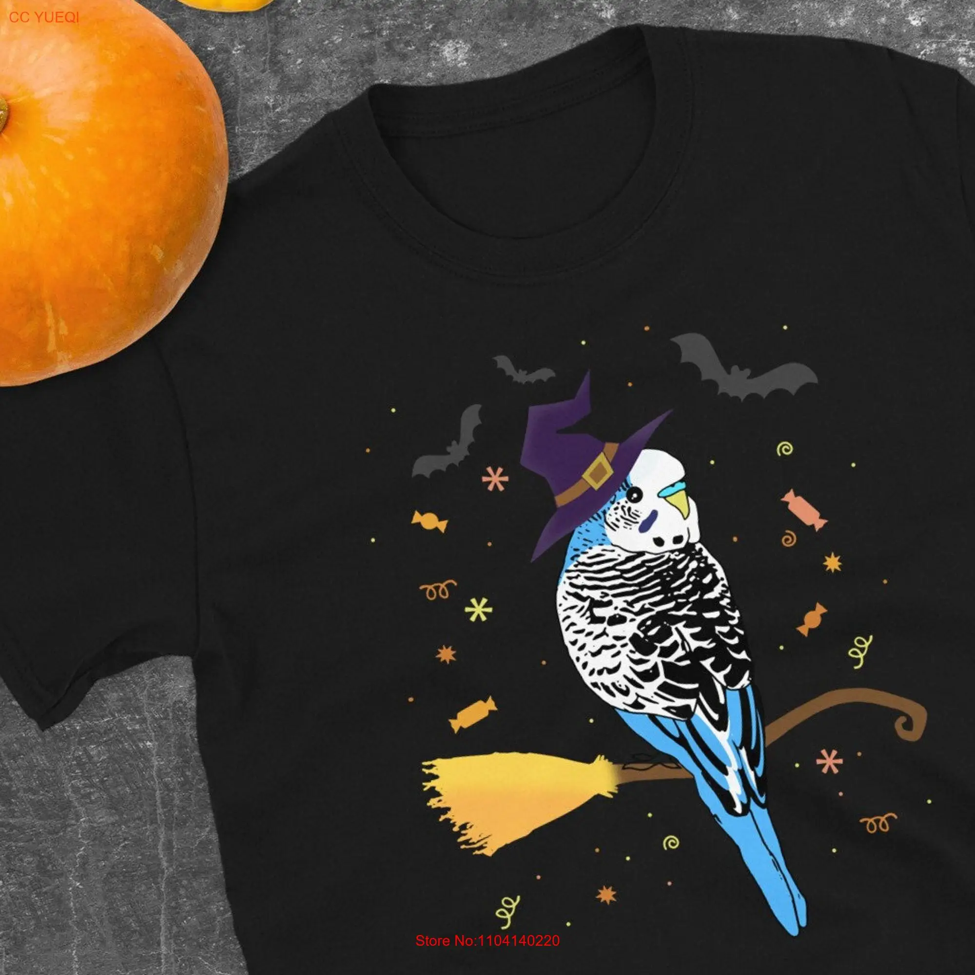 Halloween budgie T Shirt Cute blue budgerigar witch Funny parakeet clothes Birb memes clothing long or short sleeves