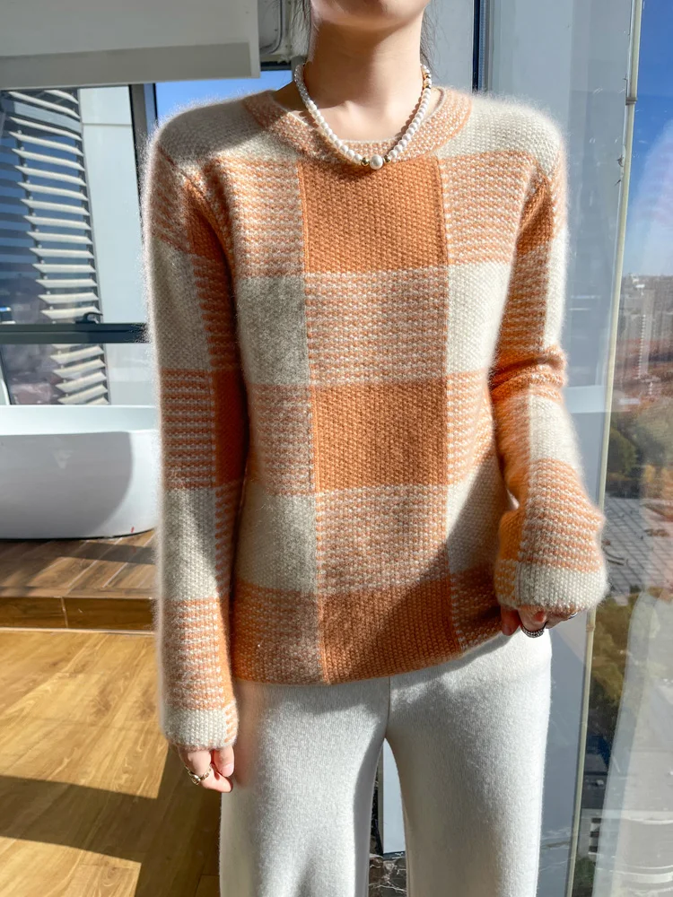 New Chic Women Plaid Style Pullover Sweater 100% Merino Wool Thick Soft Warm Autumn Winter Cashmere Knitwear Korean Popular Tops