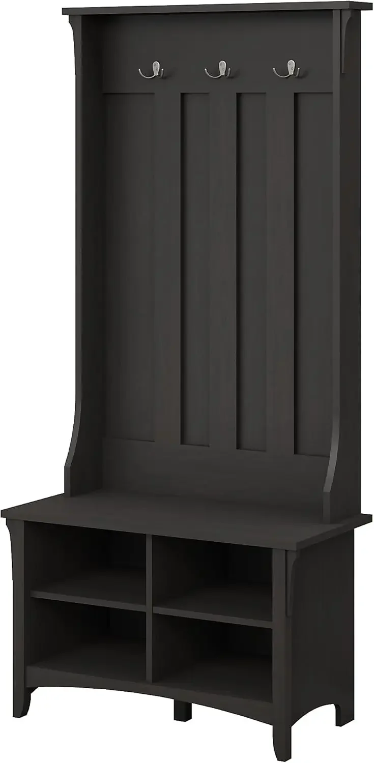 Furniture Salinas Hall Tree with Shoe Bench in Vintage Black | Mudroom Organizer with Coat Rack