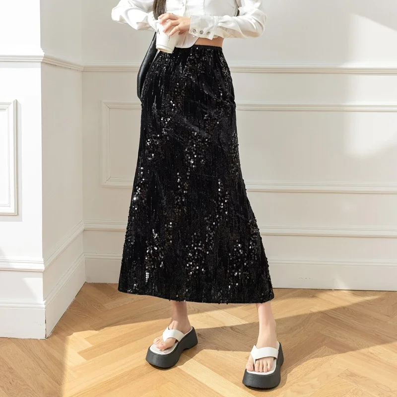 Elegant A Line Long Skirts for Women Korean Fashion Clothing Casual Sequined Faldas High Waist Autumn Winter Black Y2k Skirts