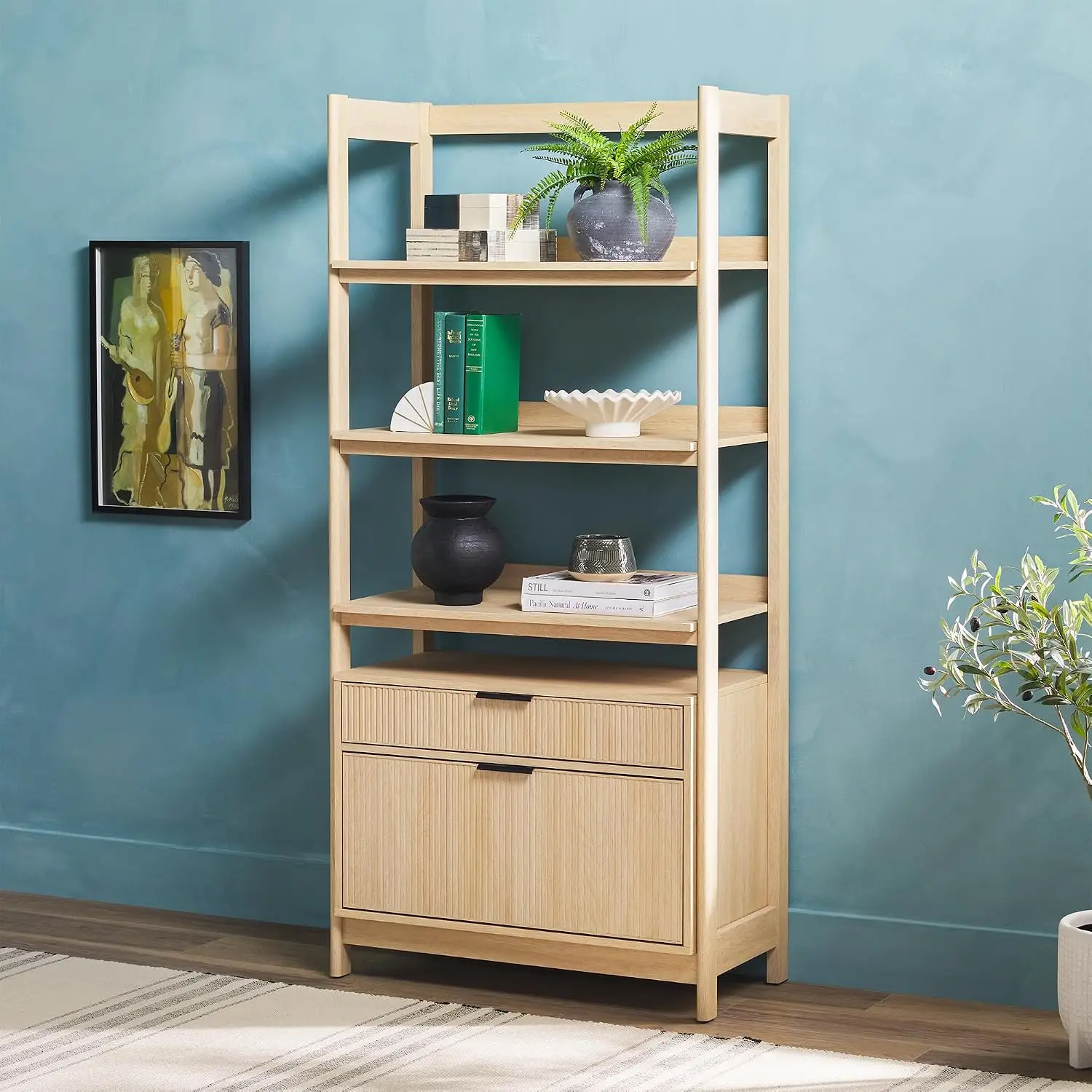 Transitional Reeded 4-Shelf Bookcase With Bottom Drawers For Home Office & Bedroom, 33