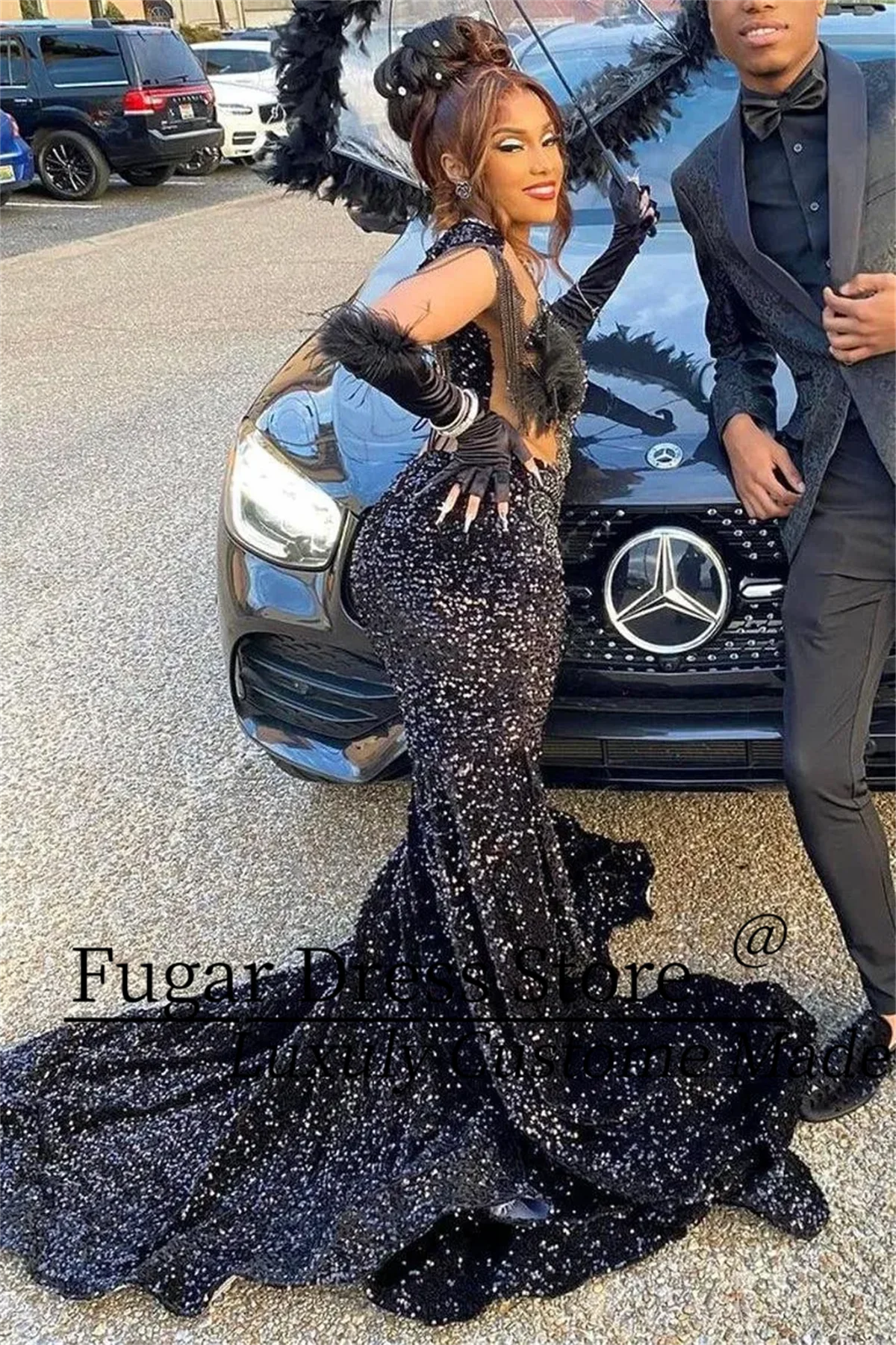TIANTIAN Customized Sparkle Navy Blue Sequined Crystals Mermaid Prom Dresses Sheer Jewel Neck Beaded Vestidos de bal فساتين سهرة image 2