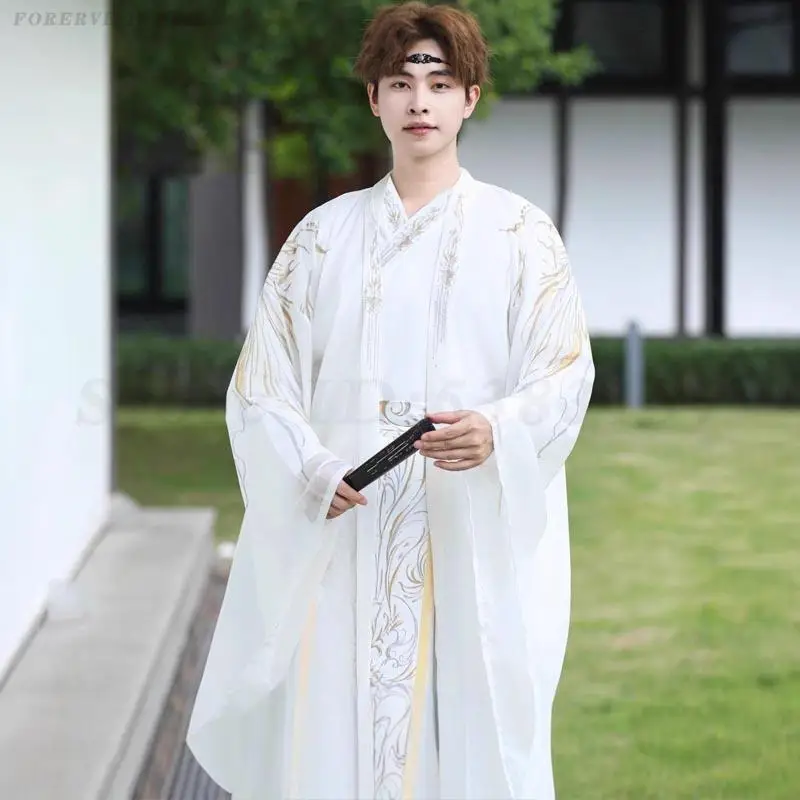 

Hanfu Men's Chinese Style Ancient Costume Traditional Weijin Period Cross Collar Top Skirt Shawl 3 Piece Set Hero Taoist Robe