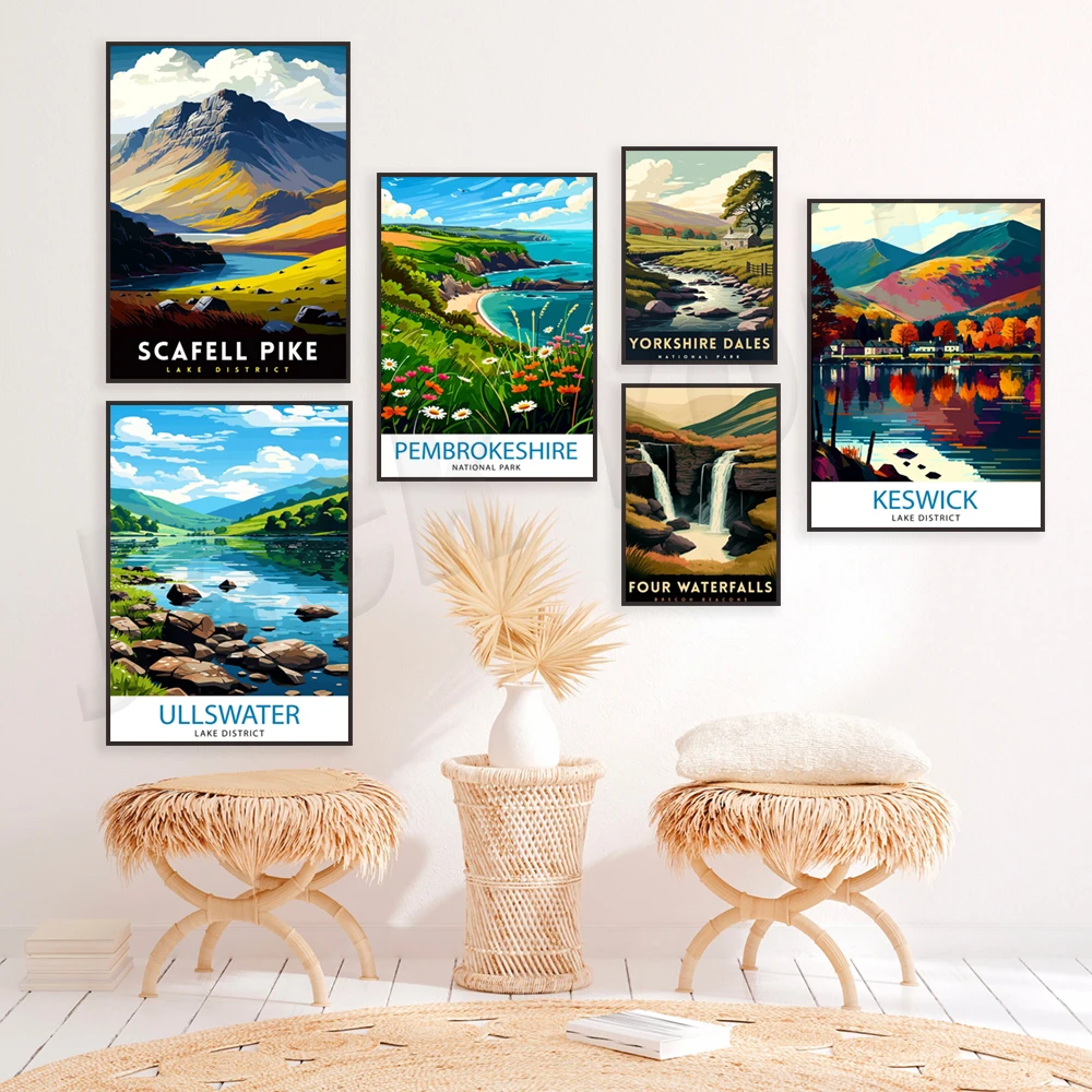 Yorkshire Moors, Brecon Beacons, Keswick Lake District, Scafell Pike, Lauterbrunnen Switzerland, Ashdown Forest travel poster