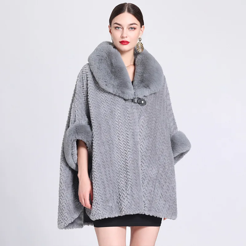 

Winter Striped Knitted Thicken Warm Velvet Poncho Cape Faux Fur Neck Cloak Loose Batwing Sleeve Horn Button Long Coat E2006