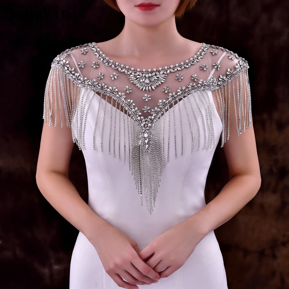 Janevini Luxe Bruiloft Bruids Cape Met Strass Kwastjes Kettingjurk Jas Bolero Hochzeit Top Avondfeest Bruid Shawl Wrap