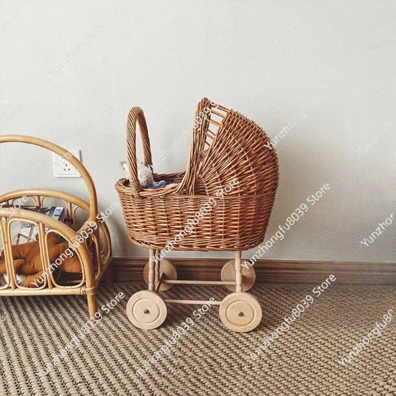 New Arrival Woven Rattan Willow Braided Retro Baby Cart Children's Room Decorated Children Toys Baby Stroller Toy