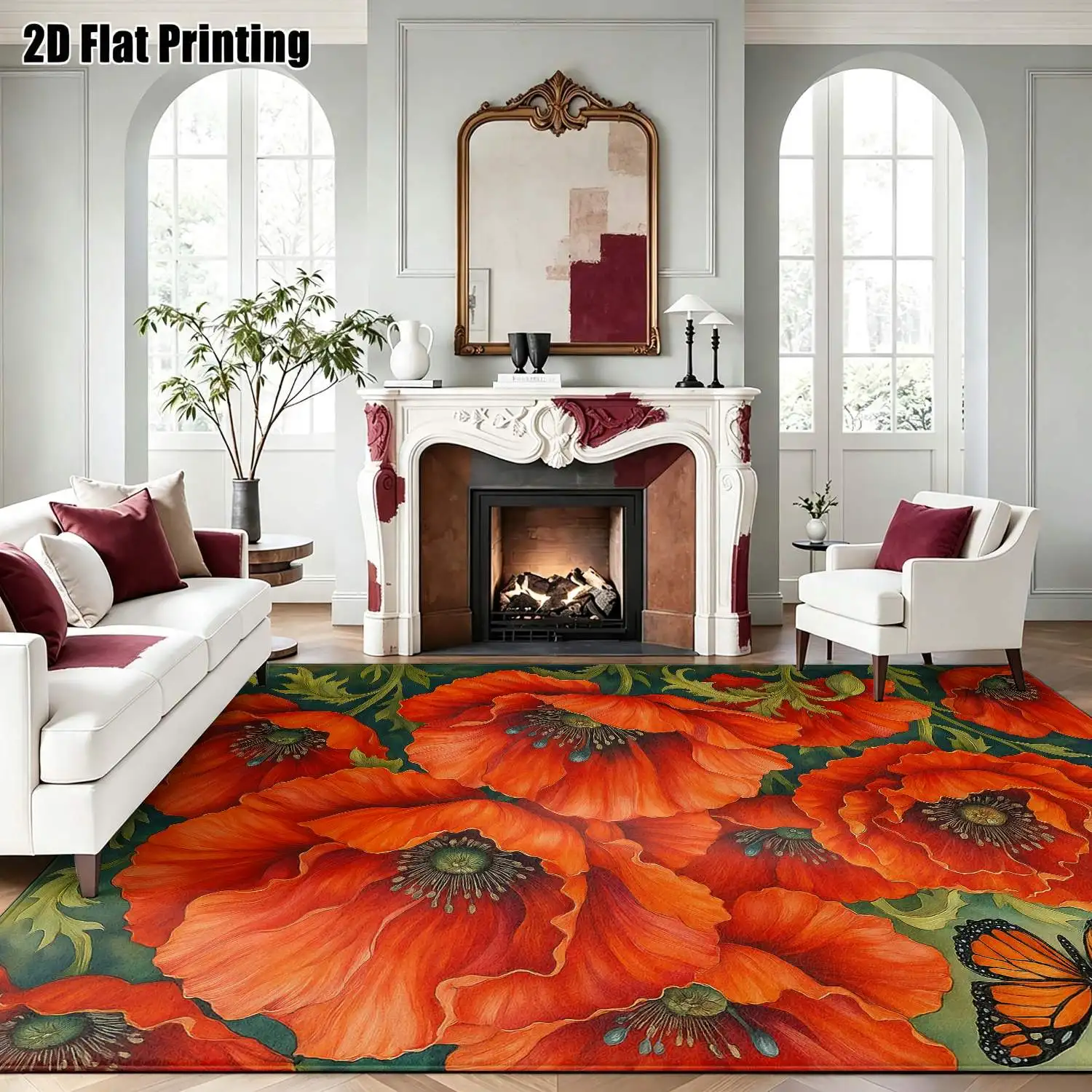 1Pc 2D Printed Carpet: Red Poppy & Butterfly Patterns, Nordic/Instagram/Modern Minimalist/Vintage European Style, Multi-Size, Machine Washable, for Entrance/Dining Room/Foyer/Bedroom/Living Room Home Decor
