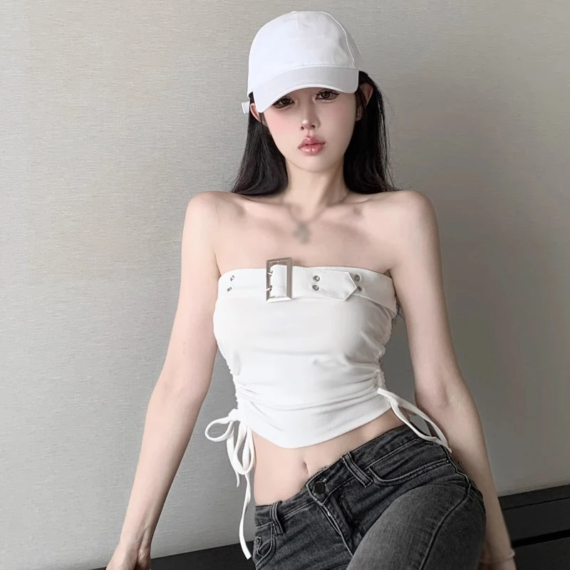 Women\'s Crop Top Short Tube Top Summer Solid Colour Korean Version.